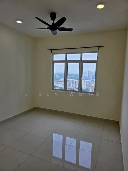 Room features: cream painted walls, glossy ceramic tile flooring, 5-blade ceiling fan with light, floor-to-ceiling windows, city view, roller blinds; style: modern; view: city.