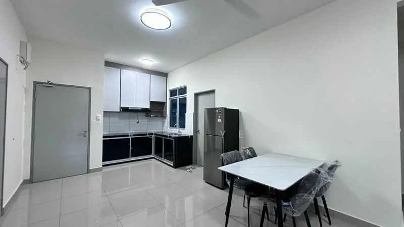 Kitchen features: white painted walls, grey tiled flooring, recessed ceiling lights, ceiling fan, built-in kitchen cabinets in dark wood, stainless-steel fridge, 4-seater dining table, black dining chairs, window with white frame, kitchen countertop with sink, stainless-steel sink, built-in oven, gas hob, exhaust hood; style: modern.