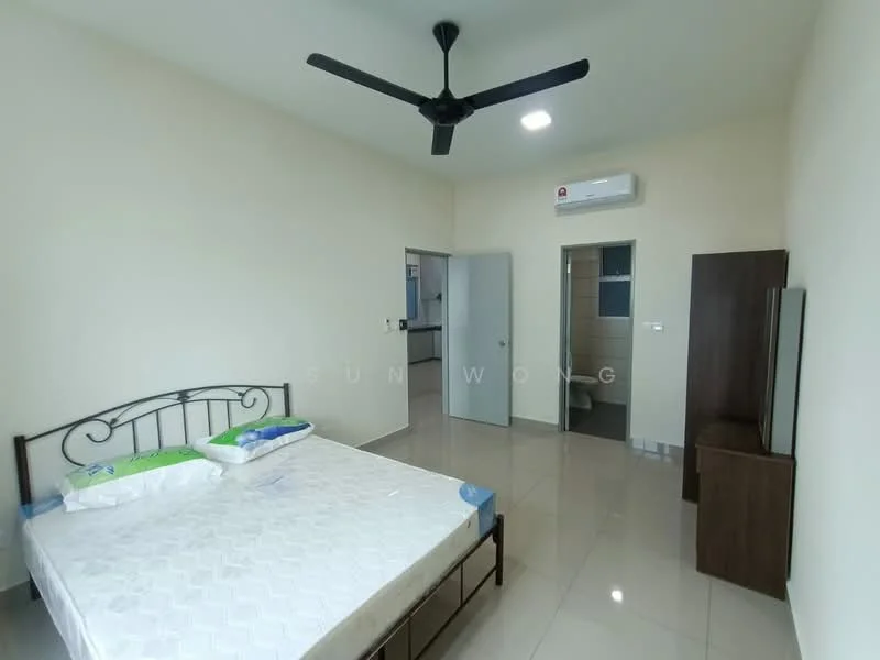 Bedroom features: queen-size bed, metal bed frame, mattress with bedding, 2 bedside pillows, 1 wall-mounted split AC, ceiling fan, light fixture, tiled flooring, neutral painted walls, wooden dresser, open door leading to bathroom, door leading to hallway; style: modern.