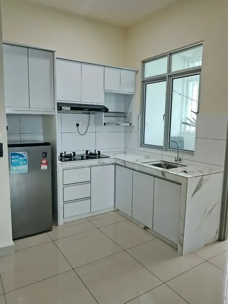 Kitchen features: white cabinetry, marble countertop, stainless-steel sink, chrome pull-down faucet, built-in gas hob with 2 burners, stainless-steel range hood, fridge, tile flooring, window with natural light, wall-mounted storage shelves; style: modern.