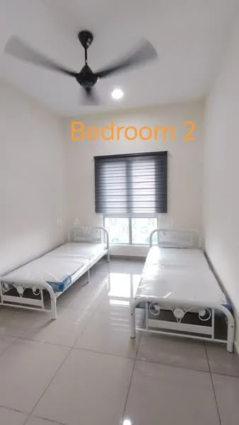 Bedroom features: two single beds with metal frames, white walls, grey tiled flooring, ceiling fan, window with black blinds, natural light from window, no visible decor, minimalist design; style: minimalist.