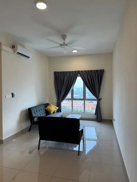 Living features: grey fabric sofa, black coffee table, floor-to-ceiling windows, grey curtains, white painted walls, polished ceramic tile flooring, 1 wall-mounted split AC, 5-blade ceiling fan with light, natural light from window; style: modern; view: city.
