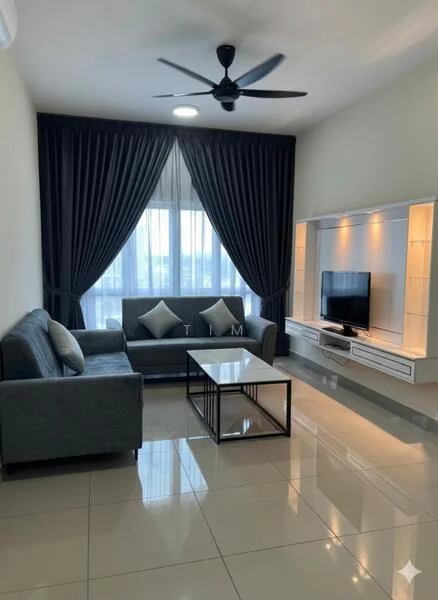 Living features: 3-seater fabric sofa in grey, 2-seater fabric sofa in grey, glass coffee table, wall-mounted TV, TV console with storage, floor-to-ceiling windows, blackout curtains, recessed downlights, ceiling fan with light, white painted walls, glossy tile flooring; style: modern; view: city.