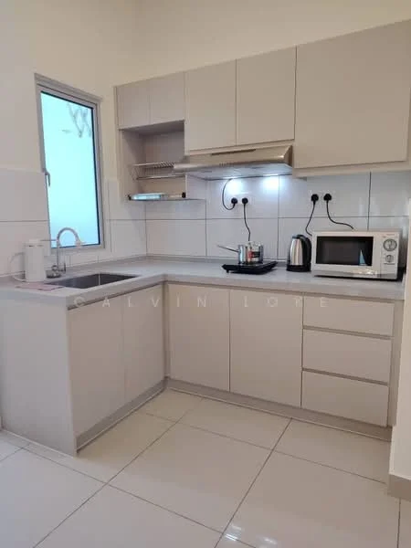 Kitchen features: L-shaped kitchen layout, light grey cabinetry, white countertop, single-bowl stainless-steel sink, chrome pull-down faucet, built-in oven, freestanding range oven, microwave, kettle, tile backsplash, white tiled walls, glossy floor tiles, under-cabinet lighting, window with sheer curtains; style: modern.