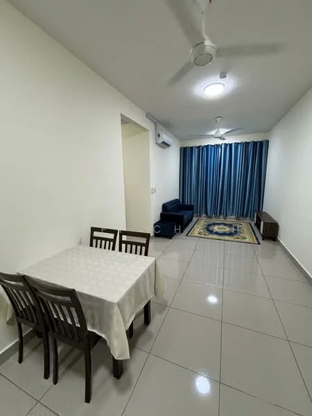 Living features: white painted walls, glossy ceramic tile flooring, 5-blade ceiling fan with light, recessed ceiling lights, blue fabric sofa, area rug with geometric pattern, dining table with white tablecloth, 4 wooden dining chairs, curtains in blue, TV console, wall-mounted air conditioning unit; style: modern.