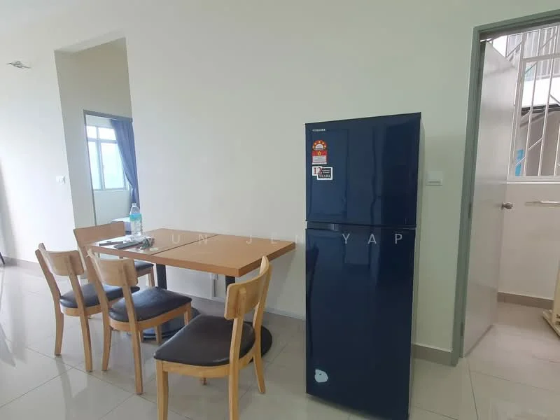 Dining features: wooden dining table, 4 wooden dining chairs, stainless-steel fridge, tile flooring, white painted walls, window with natural light; style: modern.