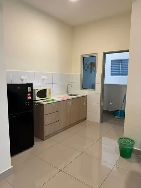 Kitchen features: black fridge, microwave, single-bowl stainless-steel sink, chrome pull-down faucet, laminate countertop, wood cabinetry, white tiled backsplash, ceramic tile flooring, window with grid pattern, light-colored walls, green plastic trash bin; style: modern.