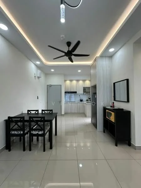 Dining features: 4-seater dining table, black dining chairs with patterned upholstery, recessed downlights, 5-blade ceiling fan with light, white walls, glossy tile flooring, open layout to kitchen, decorative mirror on wall, sideboard cabinet; style: modern. Kitchen features: white cabinetry, stainless-steel appliances, grey countertop, built-in oven, refrigerator, kitchen island, backsplash with tile cladding, sink, chrome pull-down faucet; style: modern.