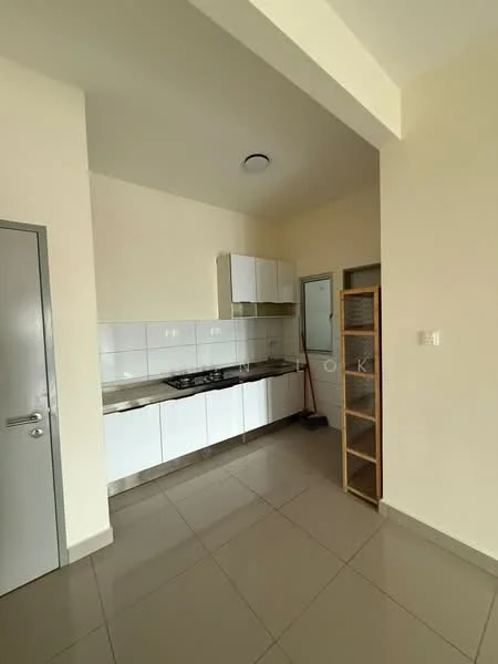 Kitchen features: white shaker cabinets, stainless-steel countertop, built-in gas hob, wall-mounted exhaust hood, white tiled backsplash, grey ceramic tile flooring, single-bowl stainless-steel sink, recessed ceiling lights, window for natural light, broom closet, neutral painted walls; style: modern.