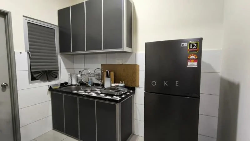 Kitchen features: grey cabinetry, black granite countertop, stainless-steel sink, built-in gas stove, refrigerator, white tiled backsplash, wall-mounted cabinets, kitchen utensils on countertop; style: modern.