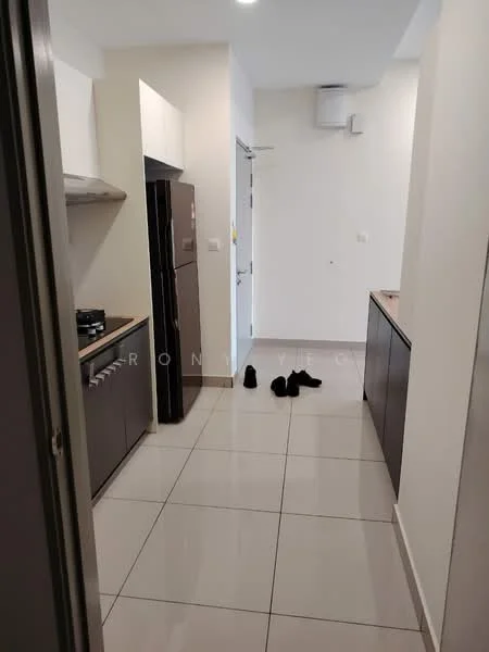 Kitchen features: white cabinets, dark wood cabinetry, stainless-steel refrigerator, stainless-steel range hood, ceramic tile flooring, countertop with overhang, wall-mounted air conditioning unit, open layout, doorway leading to hallway, shoes on the floor; style: modern.
