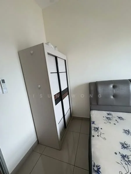 Bedroom features: queen-size bed, upholstered headboard, bedside table, built-in wardrobe with sliding doors, white walls, tile flooring, decorative bedding with floral pattern, wall-mounted light switch; style: modern.