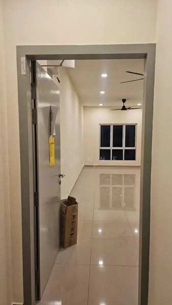 Room features: white painted walls, glossy ceramic tile flooring, recessed downlights, 5-blade ceiling fan, floor-to-ceiling windows, window treatments, door with handle, cardboard box; style: modern.
