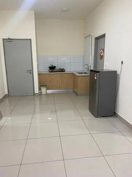 Kitchen features: white tiled walls, light wood cabinetry, grey countertop, single-bowl stainless-steel sink, chrome pull-down faucet, built-in stove, grey fridge, ceramic tile flooring, recessed ceiling lights, wall-mounted electrical outlet, waste bin; style: modern.