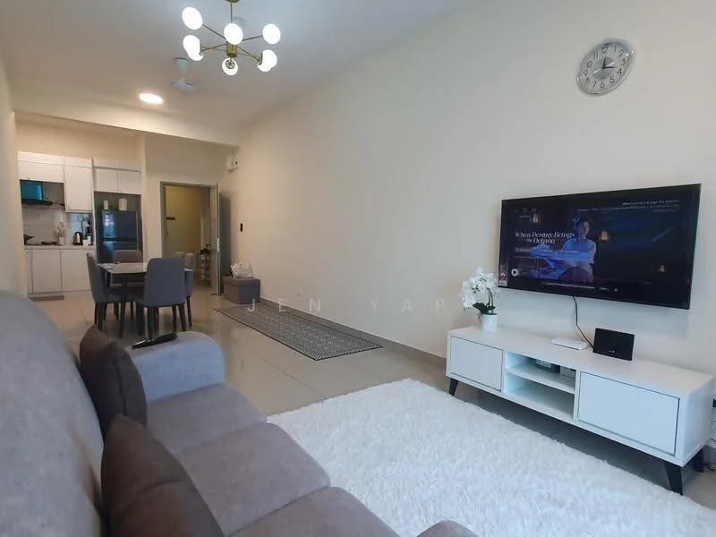 Living features: 3-seater fabric sofa in grey, coffee table, wall-mounted TV, TV console in white, area rug with geometric pattern, ceiling light fixture, wall clock, sliding glass door, floor-to-ceiling windows, cream painted walls, tile flooring; style: modern. Kitchen features: kitchen island with seating, stainless-steel sink, built-in oven, freestanding range oven, microwave, white cabinetry, black countertop, refrigerator, ceramic tile backsplash; style: modern.