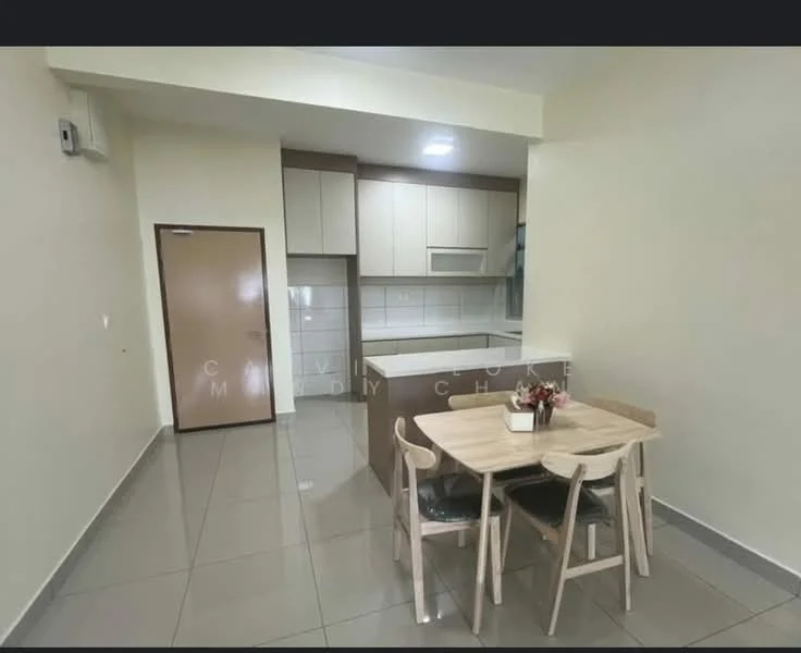 Kitchen features: white painted walls, glossy ceramic tile flooring, kitchen cabinetry with light wood finish, countertop with overhang for seating, built-in oven, stainless-steel sink, single-bowl stainless-steel sink, chrome pull-down faucet, refrigerator space, dining table with four chairs, decorative plant on table; style: modern.