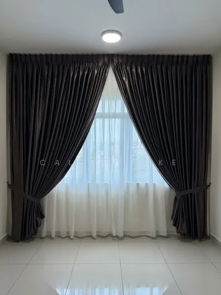 Room features: floor-to-ceiling windows, dark brown curtains, sheer white curtains, white painted walls, recessed ceiling light, glossy tile flooring; style: modern.