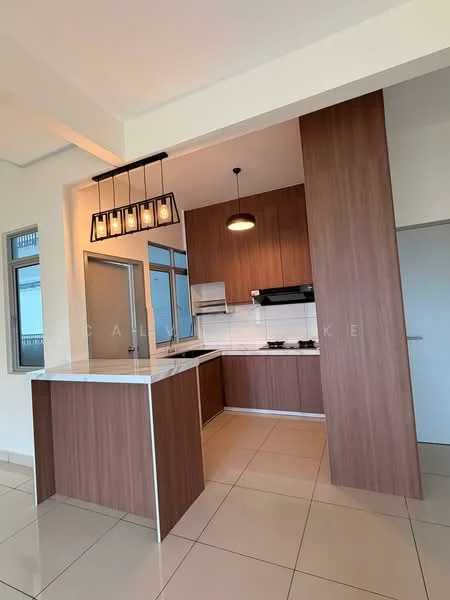 Kitchen features: white quartz countertop, wood cabinetry, stainless-steel range hood, 4-burner gas hob, built-in oven, pendant lighting, tile flooring, double-bowl stainless-steel sink, sliding glass door, window with view, open layout; style: modern; view: city.