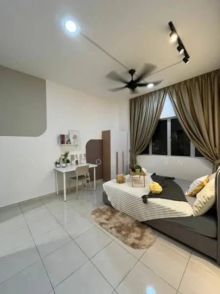 Bedroom features: queen-size bed with grey bedding, upholstered headboard, 2 bedside lamps, white painted walls, grey accent wall, floor-to-ceiling window with sheer curtains, 5-blade ceiling fan, recessed LED downlights, study desk with chair, area rug with geometric pattern, decorative throw pillows, decorative plants in pots; style: modern; view: city.