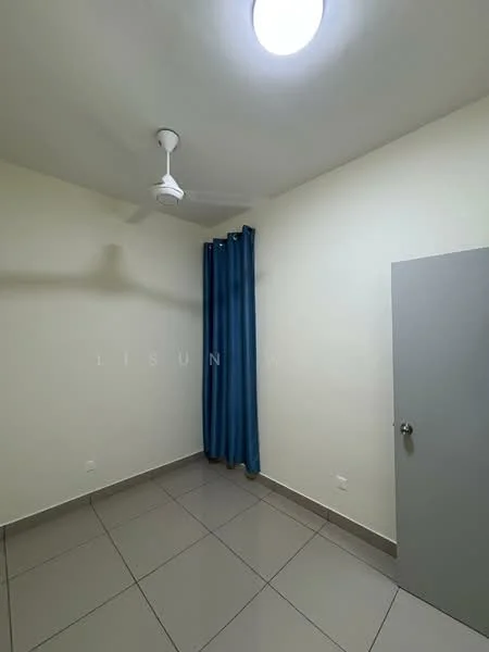 Room features: white painted walls, grey floor tiles, ceiling fan, blue curtains, single door, light fixture.