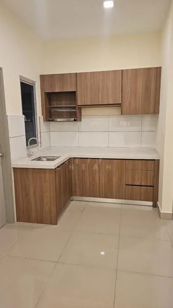 Kitchen features: laminate cabinetry in wood finish, white quartz countertop, single-bowl stainless-steel sink, chrome pull-down faucet, wall-mounted dish rack, white tiled backsplash, ceramic tile flooring, recessed downlights; style: modern.