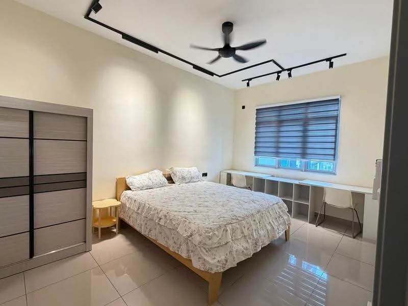Bedroom features: queen-size bed with white bedding, upholstered headboard, 2 bedside tables, ceiling fan with light, built-in wardrobe with sliding doors, window with roller blinds, study desk, 2 white chairs, cream painted walls, glossy tile flooring, track lighting; style: modern.