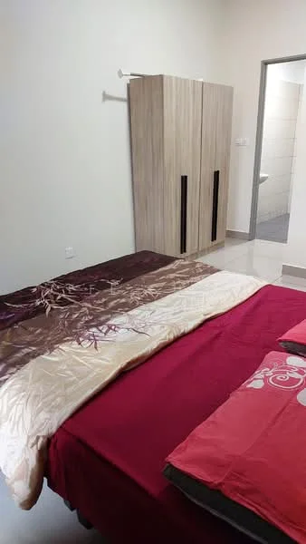 Bedroom features: queen-size bed with red bedding, queen-size bed with floral patterned bedding, built-in wardrobe with wood finish and black handles, white painted walls, glossy tile flooring, window with no visible treatment, doorway leading to bathroom, decorative wall art; style: modern.