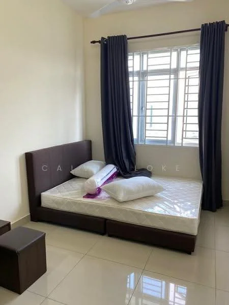 Bedroom features: queen-size bed, upholstered headboard, white bedding, two white pillows, dark wood bedside table, cream painted walls, glossy tile flooring, floor-to-ceiling window, dark curtains, ceiling fan; style: modern.