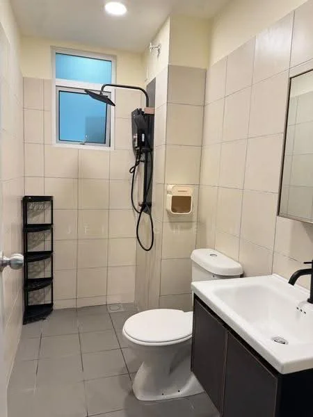Bathroom features: white tiled walls, grey floor tiles, walk-in shower with glass partition, chrome shower head, black wall-mounted shower faucet, single-sink vanity with dark wood cabinet, white ceramic sink, one-piece toilet, framed mirror, toilet paper holder, storage rack, window with blue glass; style: modern.