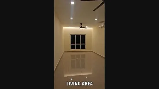 Living features: cream painted walls, polished tile flooring, 5-blade ceiling fan, recessed downlights, floor-to-ceiling windows, window treatments not visible, air conditioning unit, neutral color scheme; style: modern.