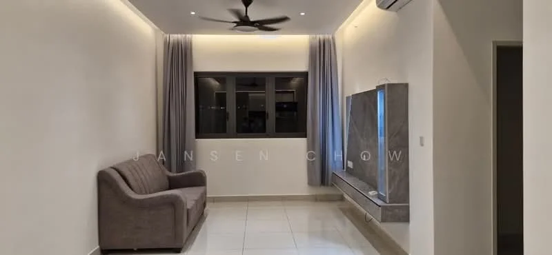 Living features: 3-seater fabric sofa in grey, wall-mounted TV console with marble finish, recessed LED downlights, 5-blade ceiling fan, large window with grey curtains, white painted walls, glossy ceramic tile flooring, air conditioning unit; style: modern.