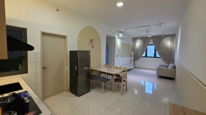 Kitchen features: stainless-steel fridge, gas stove with 4 burners, white tiled backsplash, wooden cabinetry, countertop with overhang for seating, ceramic tile flooring; style: modern. Living features: 3-seater fabric sofa in light color, dining table with 4 chairs, floor-to-ceiling window, curtains, ceiling fan, recessed lighting, ceramic tile flooring; style: modern.