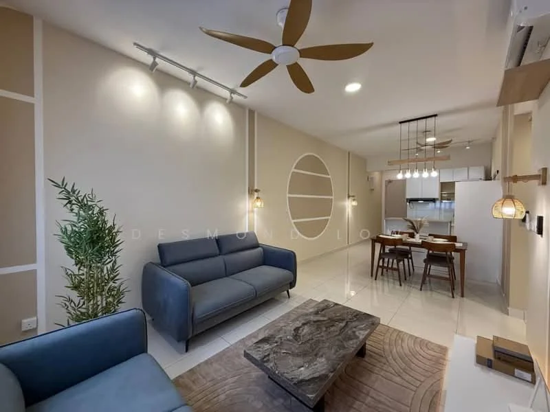 Living features: 3-seater fabric sofa in blue, 2-seater fabric sofa in blue, coffee table with marble top, area rug with geometric pattern, 5-blade ceiling fan with light, wall-mounted TV, decorative wall with circular accent, recessed downlights, white painted walls, tile flooring, open layout to dining area; style: modern. Dining features: wood dining table for 4, upholstered dining chairs, pendant lighting above dining table, kitchen visible in background, open layout to living area; style: modern.