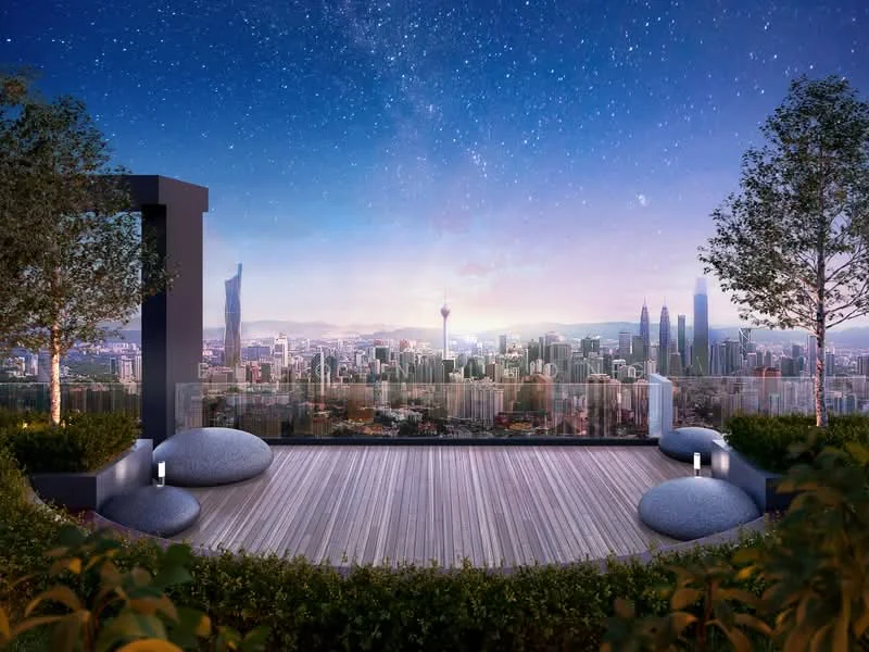 Exterior features: rooftop terrace, wooden decking, glass railing, landscaped planters, city skyline view, night sky with stars, outdoor seating area with stones, mature trees; style: modern.