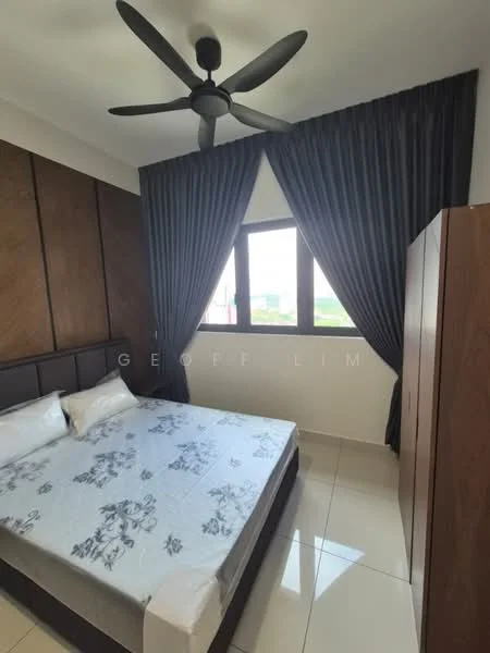 Bedroom features: queen-size bed, upholstered headboard, 2 bedside lamps, built-in wardrobe, floor-to-ceiling windows, dark curtains, ceiling fan with light, white tile flooring, decorative wall paneling, floral patterned bedspread; style: modern; view: garden.