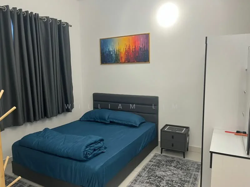 Bedroom features: king-size bed with dark blue bedding, upholstered headboard, nightstand with drawer, framed artwork on wall, floor rug with geometric pattern, grey curtains, white walls, ceiling light fixture; style: modern.
