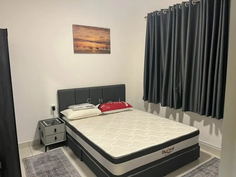 Bedroom features: queen-size bed, upholstered headboard, bedside table with drawer, grey curtains, framed artwork on wall, area rug with geometric pattern, white painted walls, tile flooring; style: modern.
