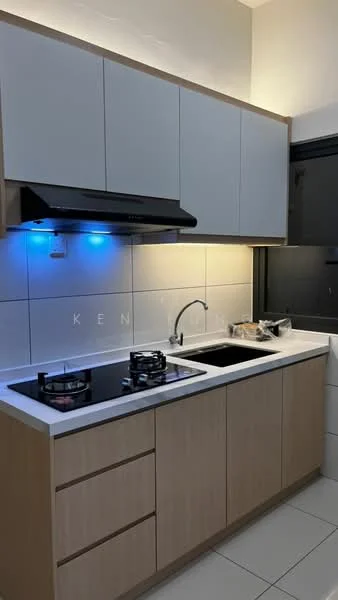 Kitchen features: light wood cabinetry, grey upper cabinets, white countertop, stainless-steel sink, chrome pull-down faucet, built-in gas hob, stainless-steel range hood, white tiled backsplash, recessed lighting, window with black frame, ceramic tile flooring; style: modern.