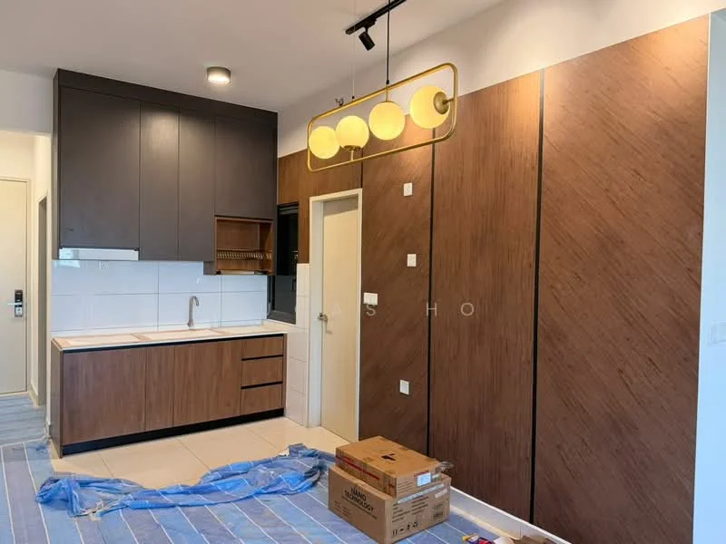 Kitchen features: wood cabinetry with dark finish, white tiled backsplash, single-bowl stainless-steel sink, chrome pull-down faucet, countertop with wood finish, built-in oven, recessed downlights, pendant light fixture, tile flooring, open shelving, kitchen island, box for storage on floor; style: modern.