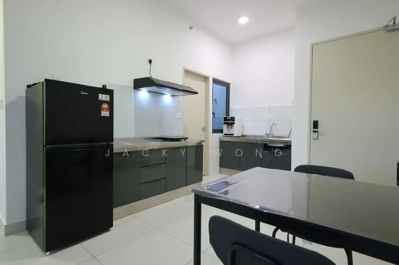 Kitchen features: black refrigerator, stainless-steel range hood, ceramic cooktop, grey cabinetry, stainless-steel countertop, white tiled backsplash, built-in microwave, single-bowl stainless-steel sink, chrome pull-down faucet, dining table with black chairs, white walls, recessed downlights; style: modern.