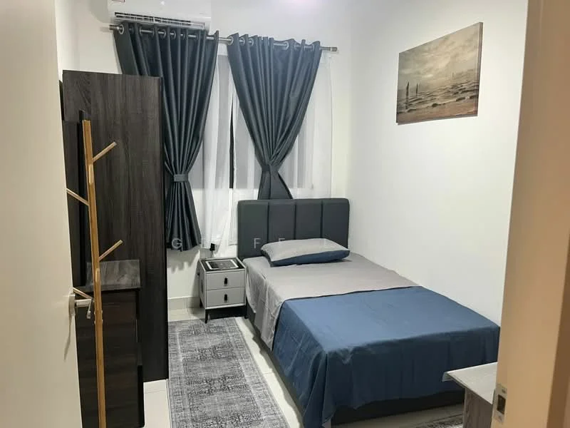 Bedroom features: single bed with grey upholstered headboard, blue bedspread, white walls, dark wood wardrobe, nightstand with drawer, grey area rug, floor-to-ceiling window with sheer curtains, curtains in dark grey, wall-mounted artwork, air conditioning unit; style: modern.
