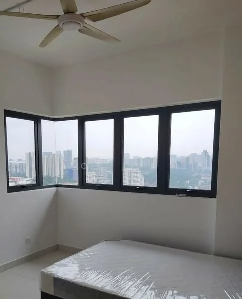 Bedroom features: floor-to-ceiling windows, city view, white painted walls, ceiling fan, tile flooring, queen-size bed, corner window design, natural light; style: modern; view: city.