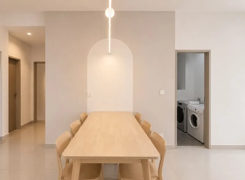 Dining features: light wood dining table, 6 wooden dining chairs, white walls, grey accent wall, recessed ceiling light, large archway, tile flooring, doorway to laundry area; style: modern. Laundry features: front-load washing machine, white walls, tile flooring, doorway leading to dining area.