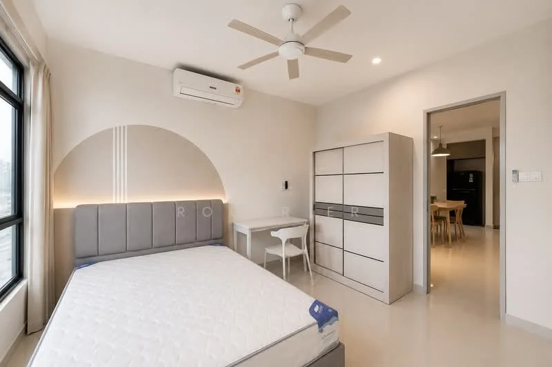 Bedroom features: queen-size bed, upholstered headboard, 2 bedside lamps, built-in wardrobe with sliding doors, study desk, white chair, wall-mounted split AC, recessed downlights, light-colored walls, floor-to-ceiling windows, curtains, neutral-colored flooring; style: modern. Room features: open doorway leading to another room, visible dining area in background.
