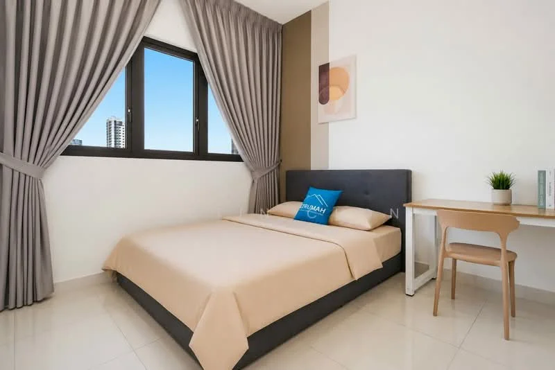 Bedroom features: queen-size bed with beige bedding, upholstered headboard, floor-to-ceiling windows, grey curtains, light-coloured walls, cream tiled flooring, study desk with chair, decorative wall art; style: modern; view: city.
