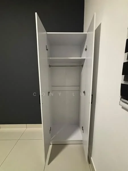 Room features: white cabinet, two doors, single shelf, hanging rod, neutral wall colour, tile flooring; style: modern.