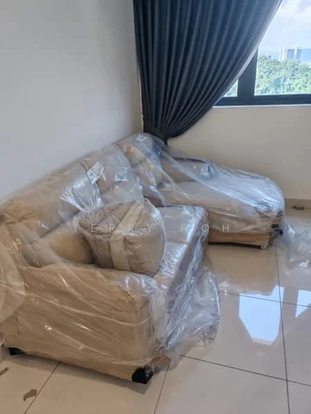 Living features: beige fabric sofa, 2-seater sofa, chaise lounge, plastic wrapping on furniture, floor-to-ceiling window, curtains, glossy tile flooring, neutral wall color; style: modern; view: city.