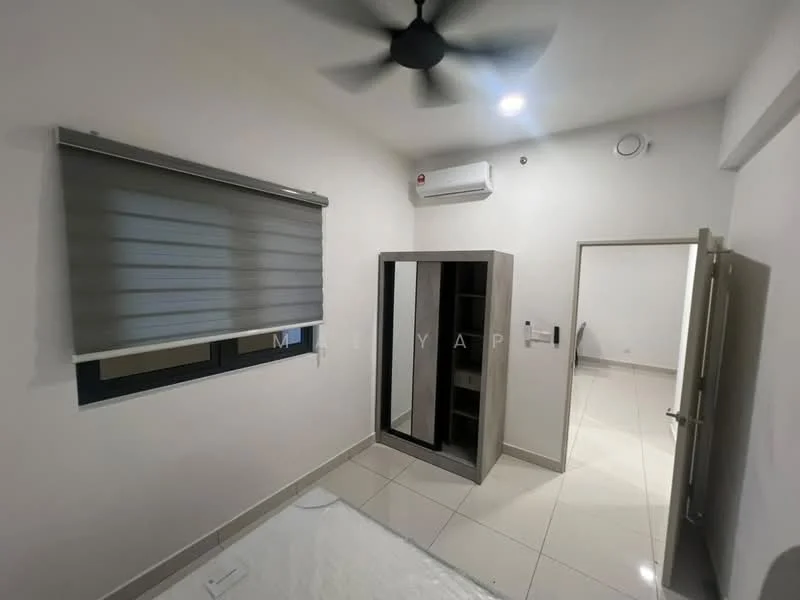 Bedroom features: white painted walls, glossy tile flooring, 5-blade ceiling fan, window with roller blinds, built-in wardrobe, door leading to hallway, air conditioning unit on wall; style: modern.