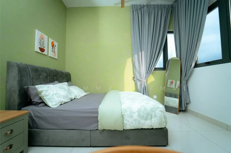 Bedroom features: king-size bed with grey upholstered headboard, light green bedding, white decorative pillows, floor-to-ceiling windows, curtains in grey fabric, full-length mirror, light green painted walls, white tiled flooring; style: modern.
