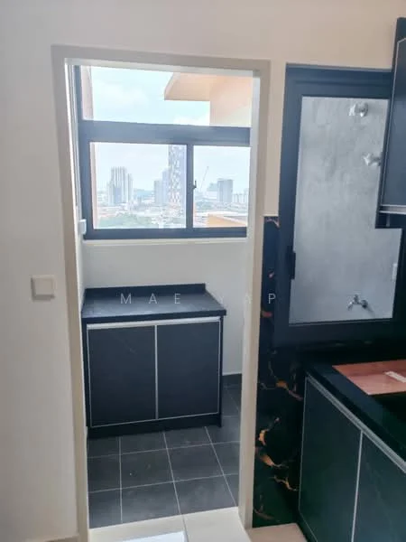 Room features: window with city view, black cabinetry, black countertop, grey tile flooring, light-colored wall, open doorway, visible skyline, counter space; style: modern; view: city.